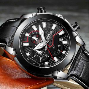 Relogio Masculino CRRJU Men's Black Dial Watch Military Date Quartz Watches with Leather Belt Mens Luxury Waterproof Sport Clock 210517
