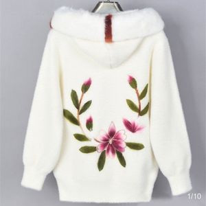 Höst mode tillbaka broderad kvinnlig mink fleece stickad kort cardigan jacka kvinnor 210416