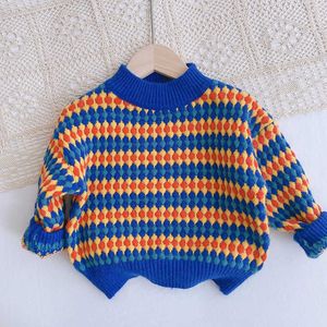 Retro Jesień Dziecięce Sweter 2021 Nowe Dziewczynek i Chłopcy Kontrast Kolor Paski Okrągłe Neck Sweter Swetry Y1024