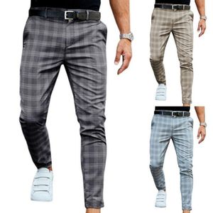 Mens Check Pants Slim Fit Soft Stretch Casual Long Trousers Work Office Business Male Summer Casual Long Pant Streetwear 220212