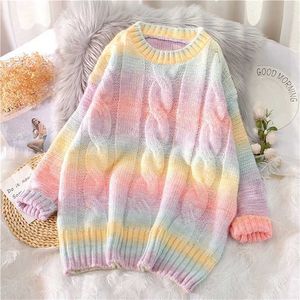 Autumn Winter Women Rainbow Sweaters Tie Dye Pullover O-Neck Long Loose Striped Korean Jumpers Candy Color Oversized Female Tops 211011
