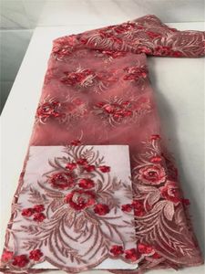 5yards / lote de flor de pêssego elegante tecido francês rede de renda líquida com miçangas africano malha bordado para molho QN3-1