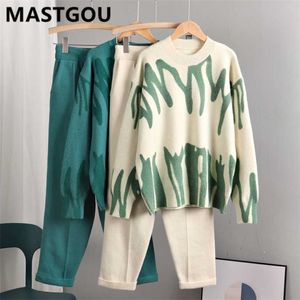 MASTGOU Cashmere Women Sweater Tracksuits Tie Dye Knit Two Pieces Pencil Pants Sets Oversized Loose Sweaters Suits Clothing 211105