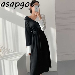 Mizaç Zarif Ince Lace Up Bel V ​​Boyun Siyah Beyaz Kontrast Elbise Kadın Patchwork Maxi Uzun Kollu Vestido De Mujer Chic 210610