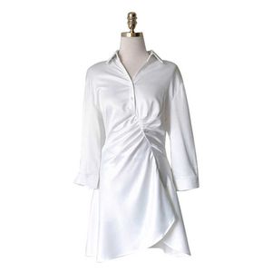 Talvez você desligue-se colarinho manga comprida mini vestido verão mulheres branca camisa de cetim sólido vestido d1990 210529