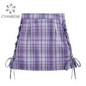 Sommargrödor Kjolar Kvinnor En linje Hög midja Lila Plaid Söt söta Buttoms eller Kläder Streetwear Drawstring Lace-Up Kjolar 210417