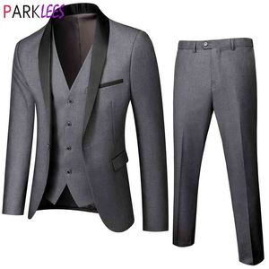 3pcs män grå kostym en knapp sjal krage passar byxor mens affärer formell smokedo kostym blazer jacka coat + byxor + väst 210522