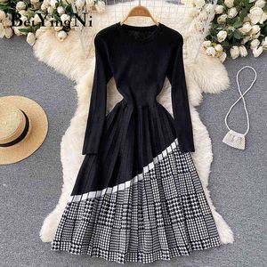 Beiyingni Houndstooth Sweaters Dress Women Autumn Winter Long Sleeve Casual Elegant Luxury Spell Color Midi Dresses Ladies Robes Y1204