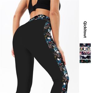 Chegada sexy legging preto floral cintura alta lado esportivo calças de fitness 211221