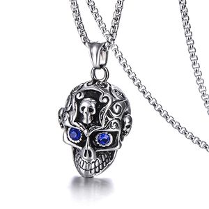 Stainless Steel Men's Biker Punk Skull Skeleton Ghost Charm Pendant Gothic Retro Silver Gold Antique Necklace with blue sapphire stone eye Halloween Gift Jewelry