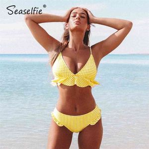 Seaseffieセクシーミッドウエストビキニセット水着女性水着入浴スーツBiquini Yellow Gingham Ruffled Beachwearビキニ210630