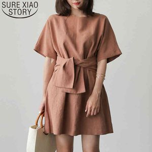 夏のドレスカジュアルな緩い堅い綿の半袖女性韓国ES VestidosプルオーバーOネック8791 50 210510