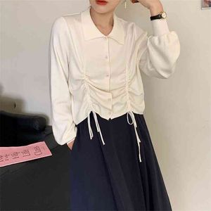 Korean Chic All-match Lapel Single-breasted Drawstring Design Sweater + Dark High Waist A-line Skirt Women GX1333 210507