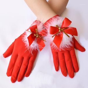 Five Fingers Gloves 1Pair Women Christmas Milk Silk Mittens Cute Feather Bell Mitten Formal Prom Costume Stretch Red Etiquette Glove