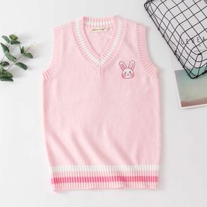 JK Sweater Vest V Neck Cute Pink Rabbit Japanese Kawaii Embroidery Pattern Bunny Students Uniform School Girl Pullover 211008