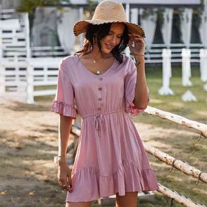 Verão com decote em v luz rosa botão vestido casual sólido alta cintura lace-up babados mulheres elegante escritório senhoras curtas 210508