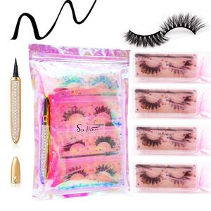 3D Faux Mink Eyelash Magic Eyeliner Kit 4 Pack Thick Natural Look Lashes Extension Reusable False Eyelashes with Liquid Waterproof Self-adhesive Glue Eyeliners Pen