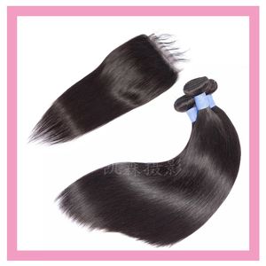 Peruvian Virgin Human Hair Silkesy raka två buntar med 6x6 spetsstängning naturlig färg 3st grossist