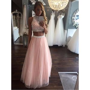 Party Dresses Pink Sparkly Two Piece Prom Dresss 2021 Vestidos De Gala Beaded Crystal A Line Special Occasion Dress Formal Women Gowns