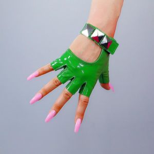 Real Leather Semi-Finger Gloves Patent Bright Green Silver Rivet Sheepskin Fingerless Women Touchscreen WZP50 Five Fingers