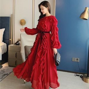 Vintage Wine Red Ruffles Women O-neck Sleeve High Waist Belt Bow Ruched Chiffon Female Elegant Long Party Dress 210416