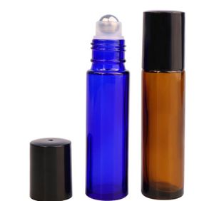 10ML 10G Rotolo di vetro ambrato sulla bottiglia vuota Profumo di olio essenziale Rollon Tubo Acciaio inossidabile Roller Ball Bottle Coperchio nero Viaggio