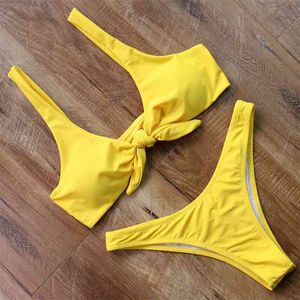 Sexy Tie Knot Front Bikini Push Up Swimsuit Bikini Set Bandage Swimwear Yellow Thong Bathing Swimming Suit Q190518