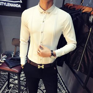 Men's White Shirt Pleated Solid Slim Fit Tuxedo Shirts Male Long Sleeve England Style Casual Social Prom Dress Shirt for Men 5XL