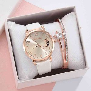 Frauen Uhr Mond Zahlen Zifferblatt Armband Uhren Set Damen Leder Band Quarz Armbanduhr Weibliche Uhr Relogio Mujer Heißer