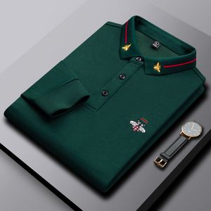 Designer nova manga longa polo camisas masculinas casual cor sólida marca de negócios algodão abelha bordado roupas masculinas