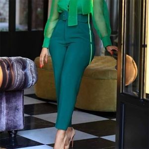 Women High Waist Pants with Belt Elegant Office Ladies Fashion Work Female Modest Green Pink Yellow Large Size African 210915