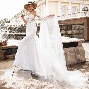 Unique White Mermaid Lace Wedding Dress See Through Top Arabic Satin Country Church Bride Dresses Long Sleeve Summer Beach Bridal Gowns 2021 vestido de fiesta boda