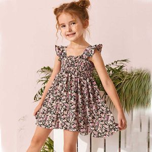 2021 Lato Dorywczo Dress Dziewczynek Kwiat Wzór Bez Rękawów Dzieci Księżniczka Suknie Dzieci Sukienki Cute Little Girl Dresses Q0716