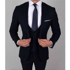 Dark Navy Slim Fit Men Suits 3 Pieces Groom Wedding Tuxedo Male Jacket Vest with Pant Business Custom Fashion Costume 2021 X0909
