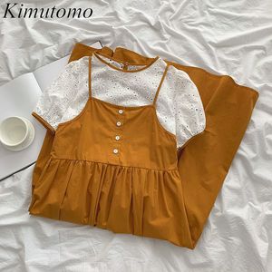 Kimutomo mode kostym kvinnor sommar koreansk färg kontrast t-shirt + vintage smal midja sling klänning två stycken set 210521