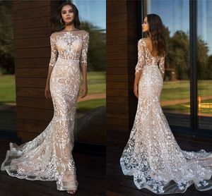 Fodera champagne Abiti da sposa a sirena Pizzo con perline Maniche lunghe a 3/4 Illusion Top Bohemian Country Abito da sposa Vestido De Noiva