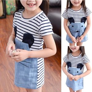 Tjejklänningar Tjej Stitching Denim Princess Dress Cartoon Mouse Striped Färgad Kortärmad Sommar Casual