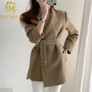 Autumn Winter Women Jackets Woolen Formal High-Quality Lace Up Office Lady Wild Quilted Warm Coat with Belt 210506
