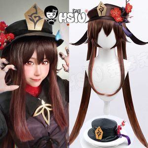 Parrucca cosplay Hu Tao Genshin Impact cosplay HSIU Marrone scuro marrone chiaro sfumato doppia coda di cavallo capelli lunghi Cappello in similpelle Y0903