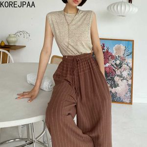 Korejpaa Women Set Summer Korean Chic Ladies Temperament All-Match Round Neck Sleeveless T-Shirt Striped Wide-Leg Trousers 210526