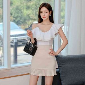 Одно плечо наборы корейских дам Летние без рукавов Rugle Hee White Tops Sexy Mini туго юбка костюм для женщин одежда 210602