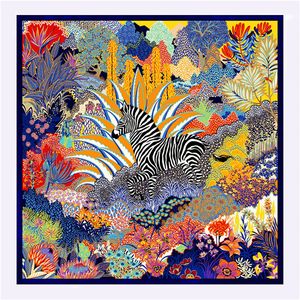 Twill Silk Scarf Kobiety Jungle Horse Printing Square Scarves Moda Okładki Kobiet Foulards Duży Hidżab Szale szyby Nakierze 130 cm * 130 cm