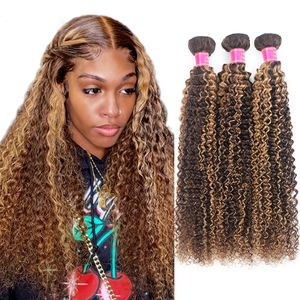 3 buntar Double Weft P4 27 Markera Curly Brazilian Human Hair Weave Extensions 100g / st