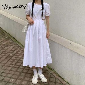 Yitimuceng Midi Sukienki Kobiety Lato Wytnij Ruched High Waist Puff Sleeve Unicolor Black White Korean Moda Dress 210601