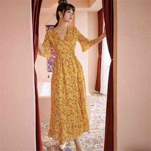 Chiffon Floral Print Belt Bohemian Beach Dress Summer Maxi Slit Ankle-Length V-neck Female Long Women 210603