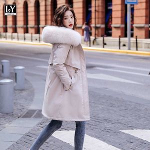 LY VAREY LIN Autumn Women Cotton Coats with Fur Collar Button Back Zippers Pocket Pleated Drawstring Waist Slim Jackets 210526