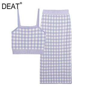 [DEAT] Sommermode ärmellose Gitter-Tanktops knielange Strickröcke Frauen zweiteiliger Anzug 13Q585 210527