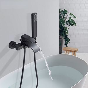 Matte Black Bathroom Tub Faucet Single Handle Waterfall Spout with Hand Shower Hot Cold Water Mixer Tap Wall Mount Bath Faucet
