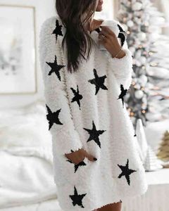 Kış Kadın Zarif Yıldız Baskı Cep Tasarım Teddy Elbise Rahat Kabarık Uzun Kollu Mini Elbise Sevimli Günlük Kıyafetler Yeni 210415