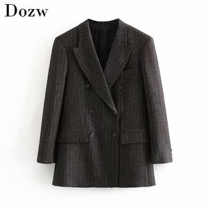 Women Vintage Striped Office Blazers Double Breasted Pockets Fashion Coat Long Sleeve Elegant Jacket Lady Marynarka Damska 210515